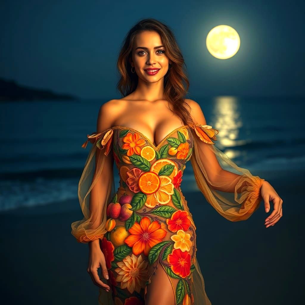 Greek Goddess in Fruit Peel Dress on Beach