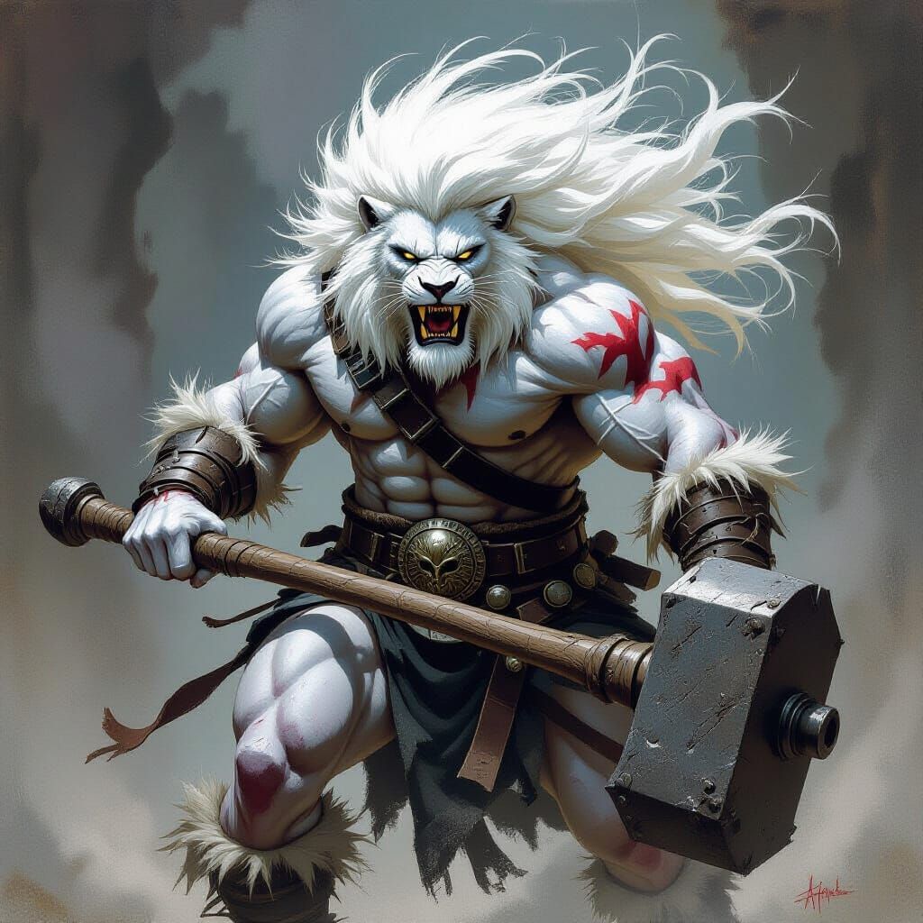 Albino Barbarian Lion God in Dark Fantasy Style