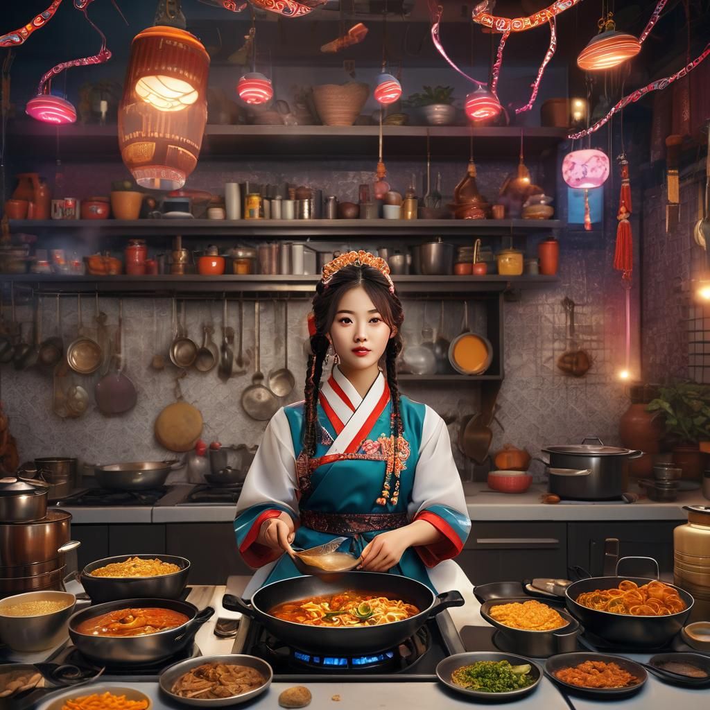 K-Pop Star Cooks Tteokbokki in Digital Painting Style