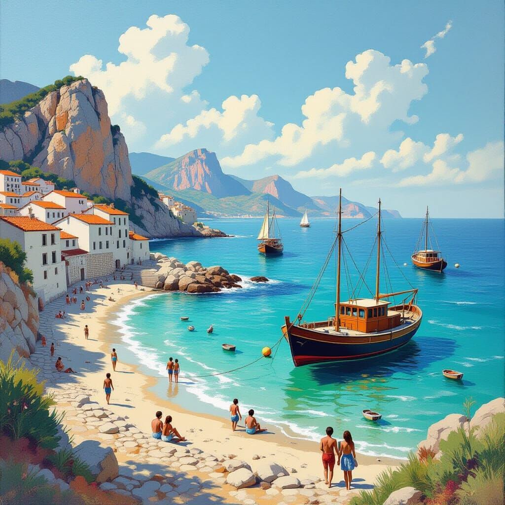 Beach at Low Tide with Distant Ships