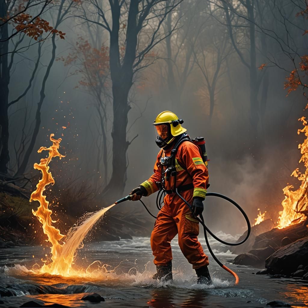 Firefighter Battles Water with Fire in Vivid Digital Art