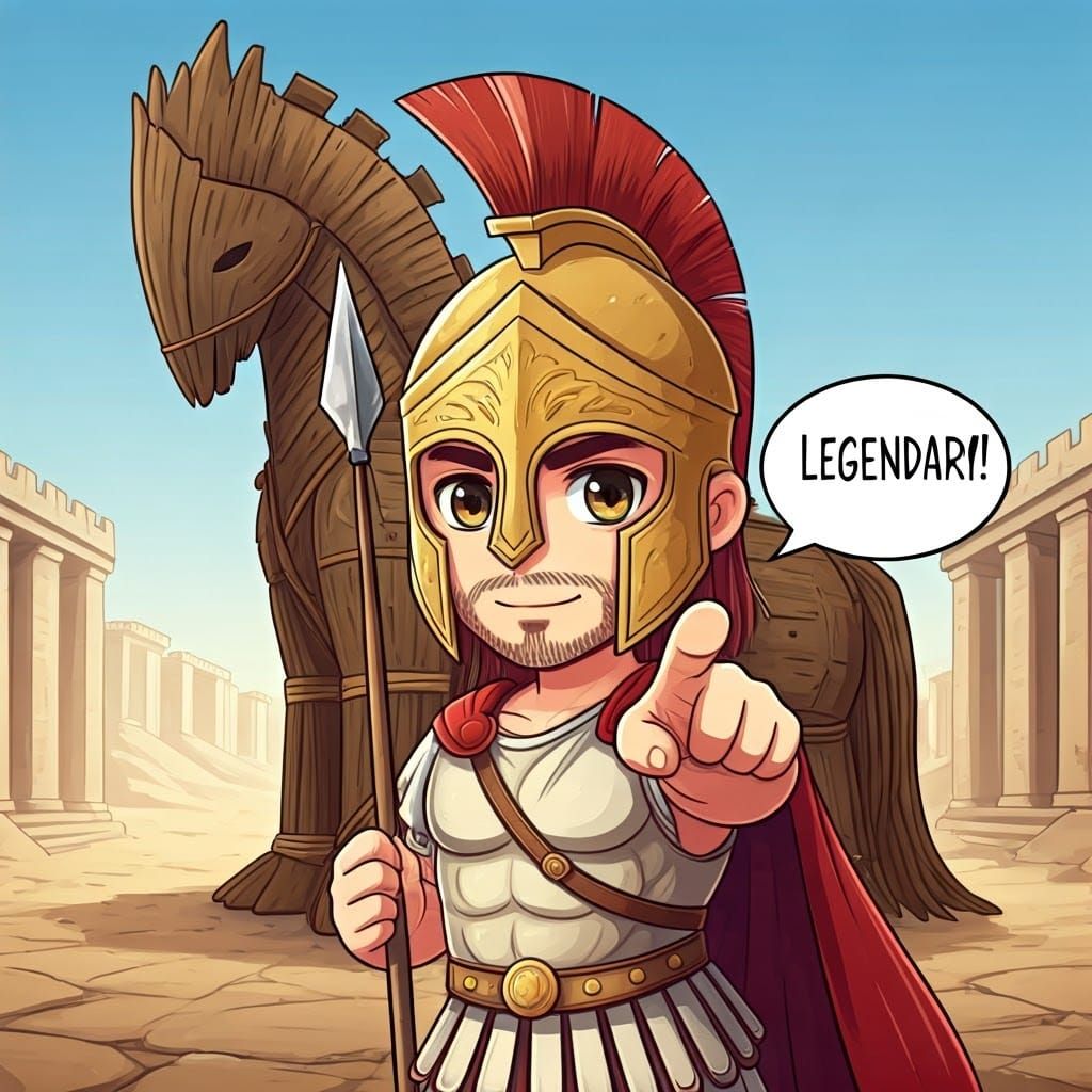 Chibi Anime Achilles Wields Spear in Ancient Corinthian Armo...
