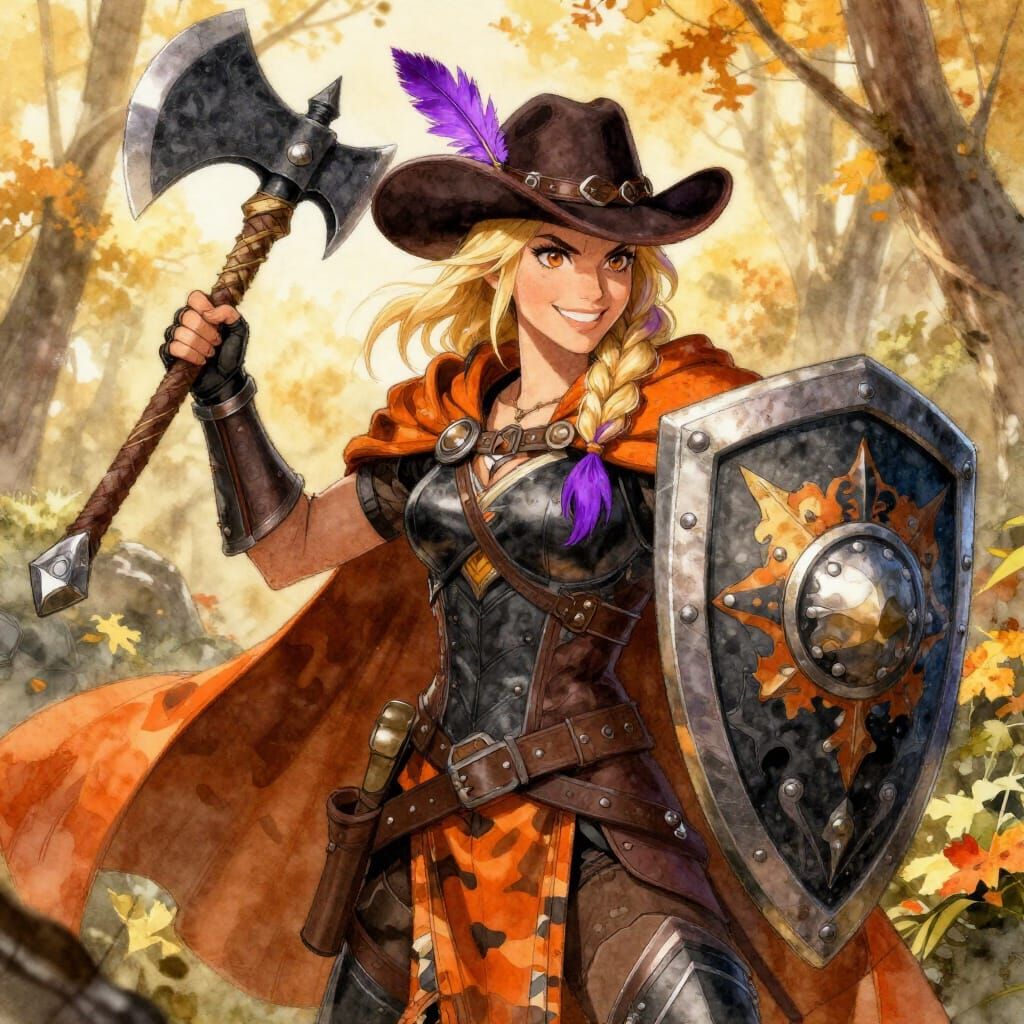 Fantasy Warrior Woman in Autumn Forest