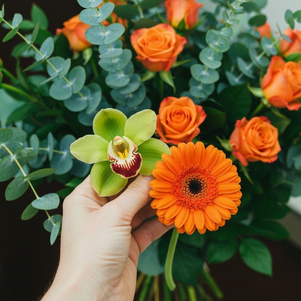 Hand Holding Green and Orange Flowers, Impressionism Style