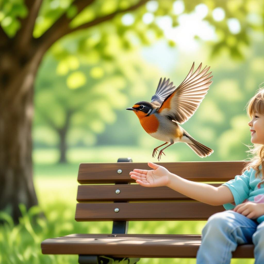 Robin Flying to Child's Hand