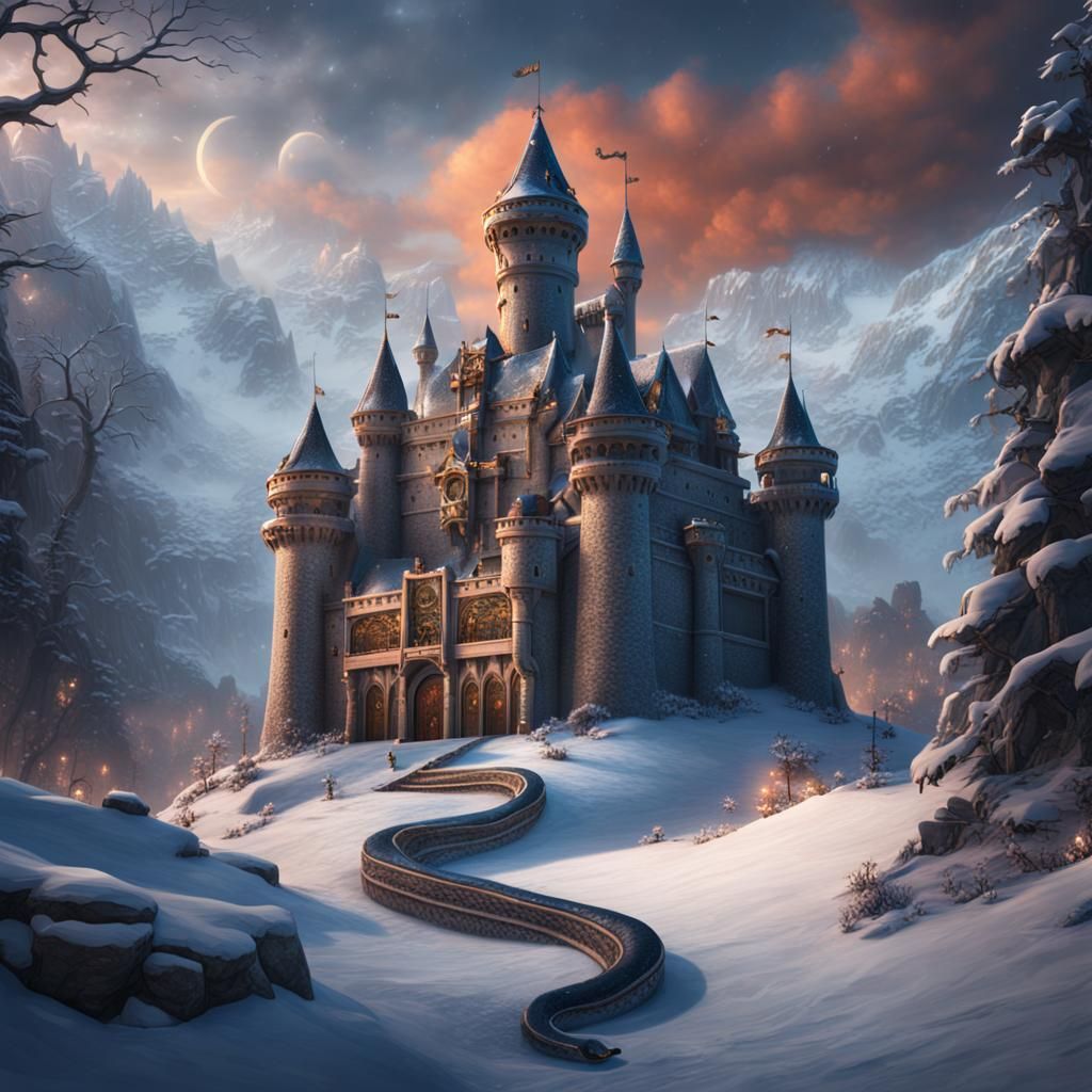 Winter Castle with Snake Symbol in Detailed Painting