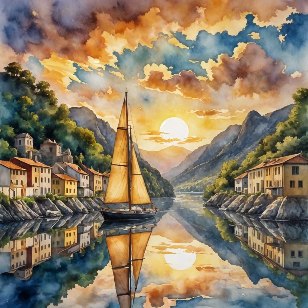 Stunning Mediterranean Watercolor Landscape with Tallship