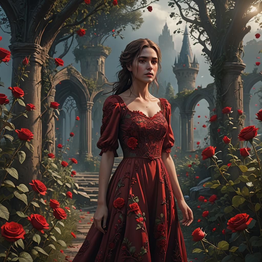 Woman in Red Dress Among Red Roses
