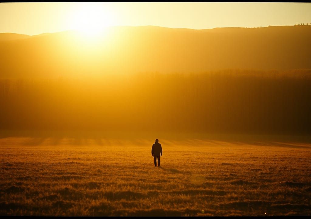 Lone Figure in Sun-Drenched Field, Cinematic Style