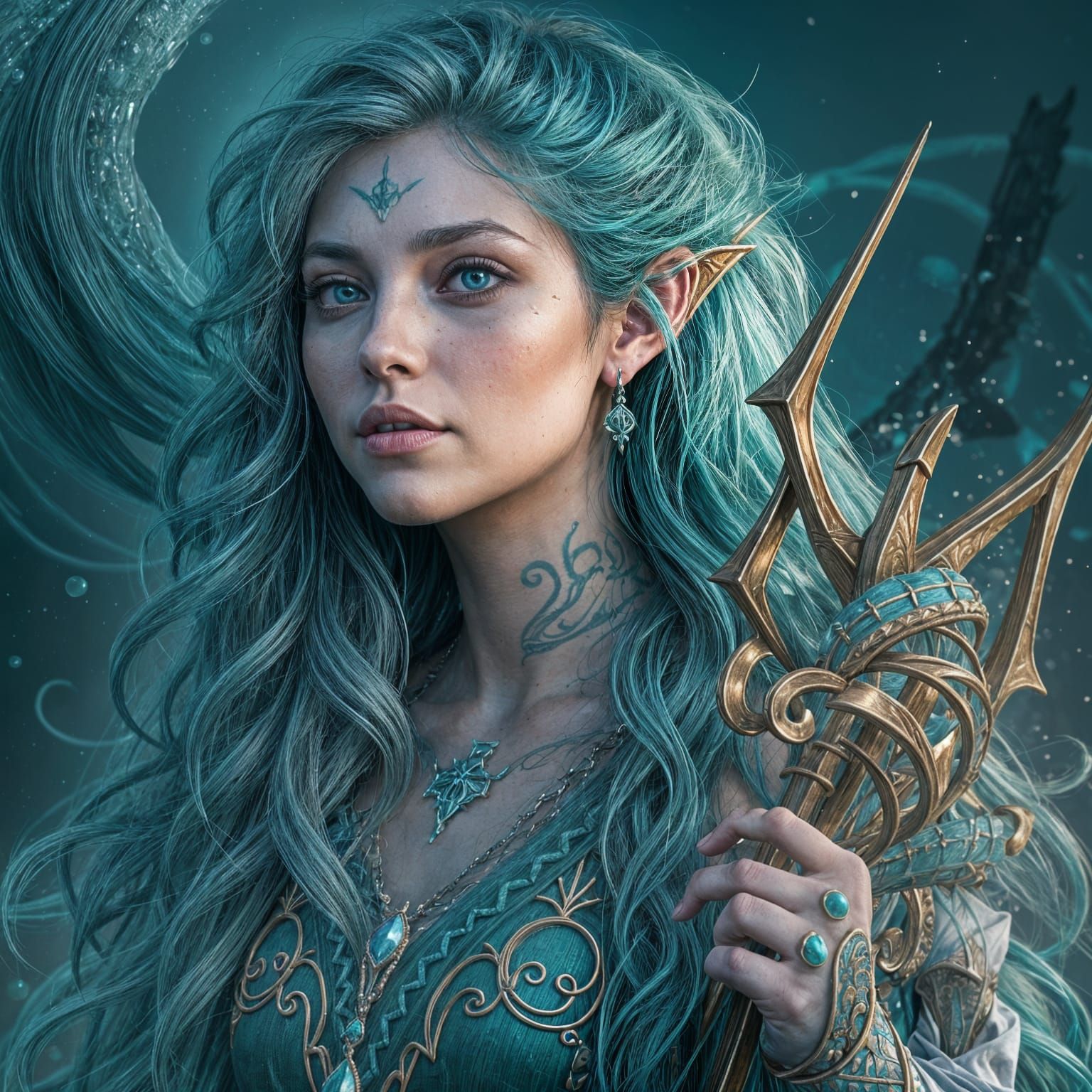 Water Genasi Cleric with Bident in Fantasy Art