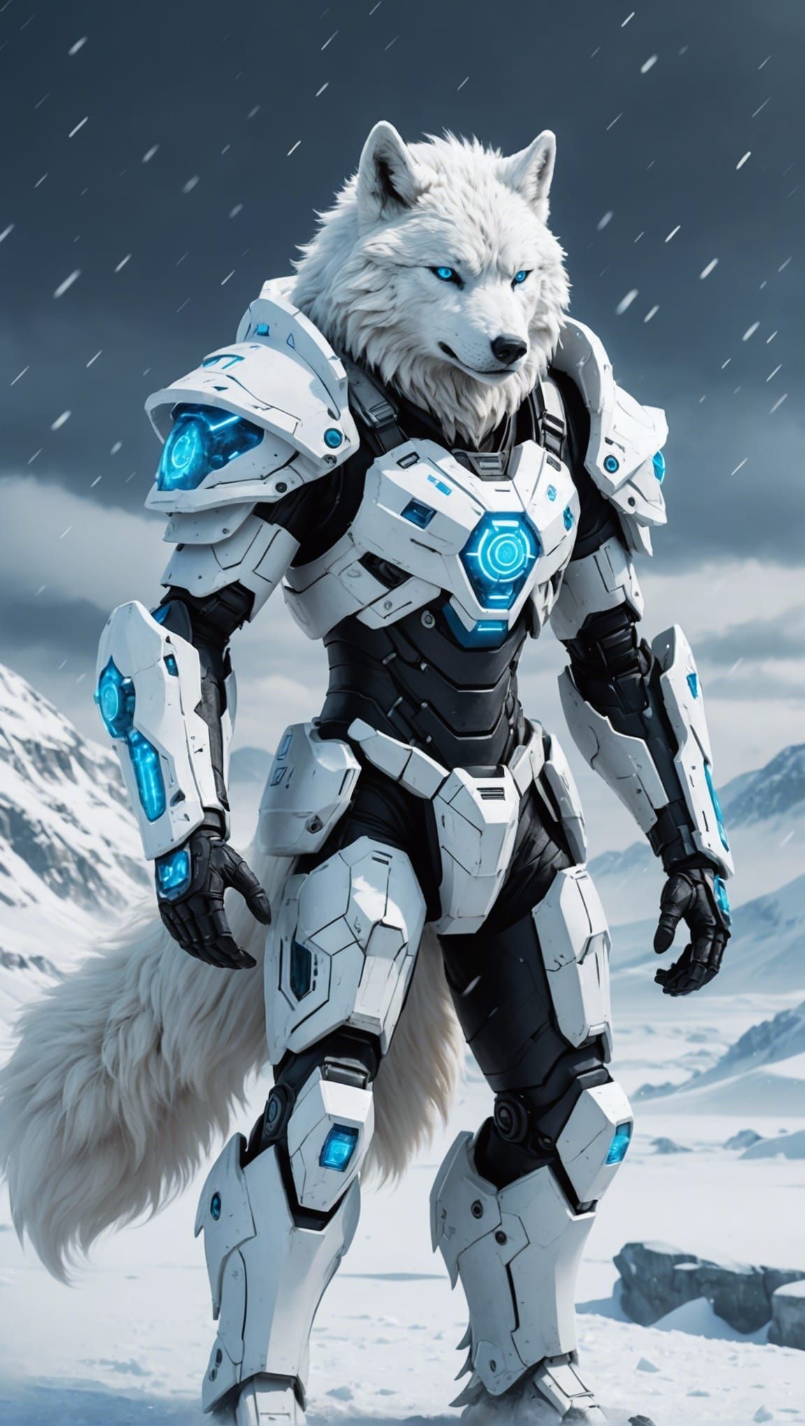 Cybernetic Ice Wolf in Blizzard, Anime Style
