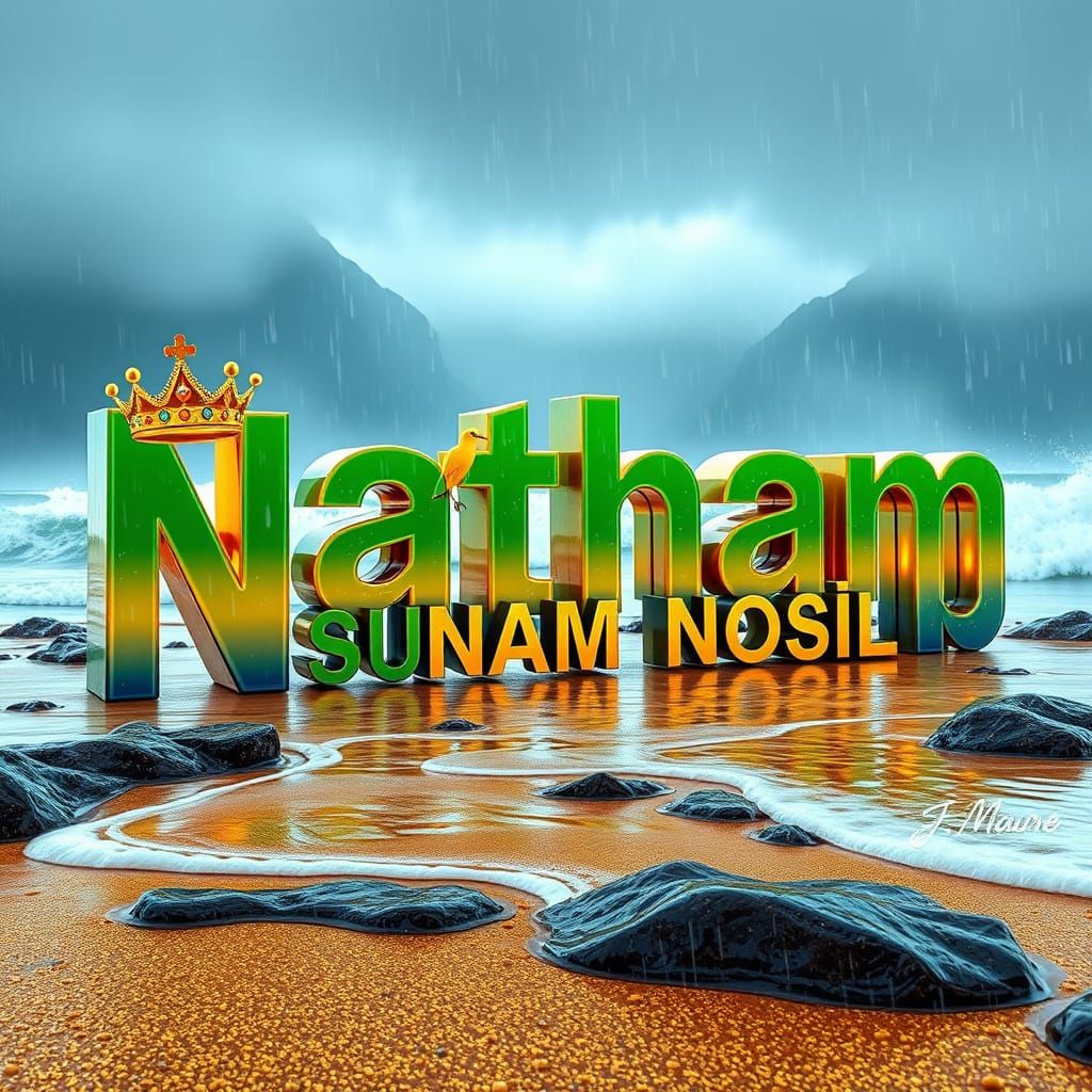 Gleaming 3D Text Design in Tropical Stormy Weather