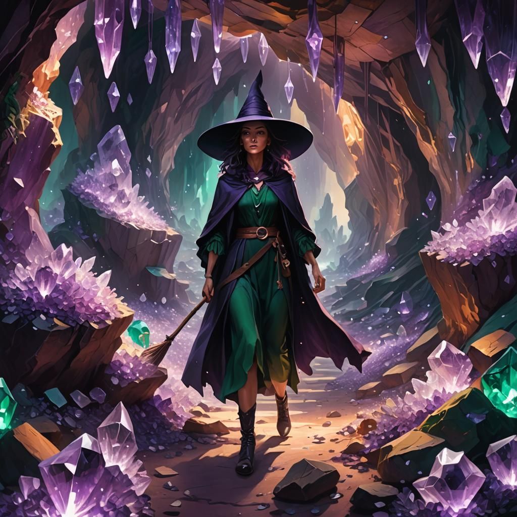 Ethereal Witch in Amethyst Cave: Fantasy Concept Art