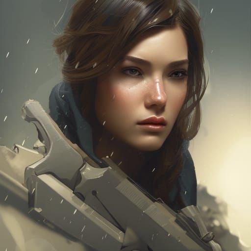 Hyperrealistic Female Sniper Portrait in the Rain