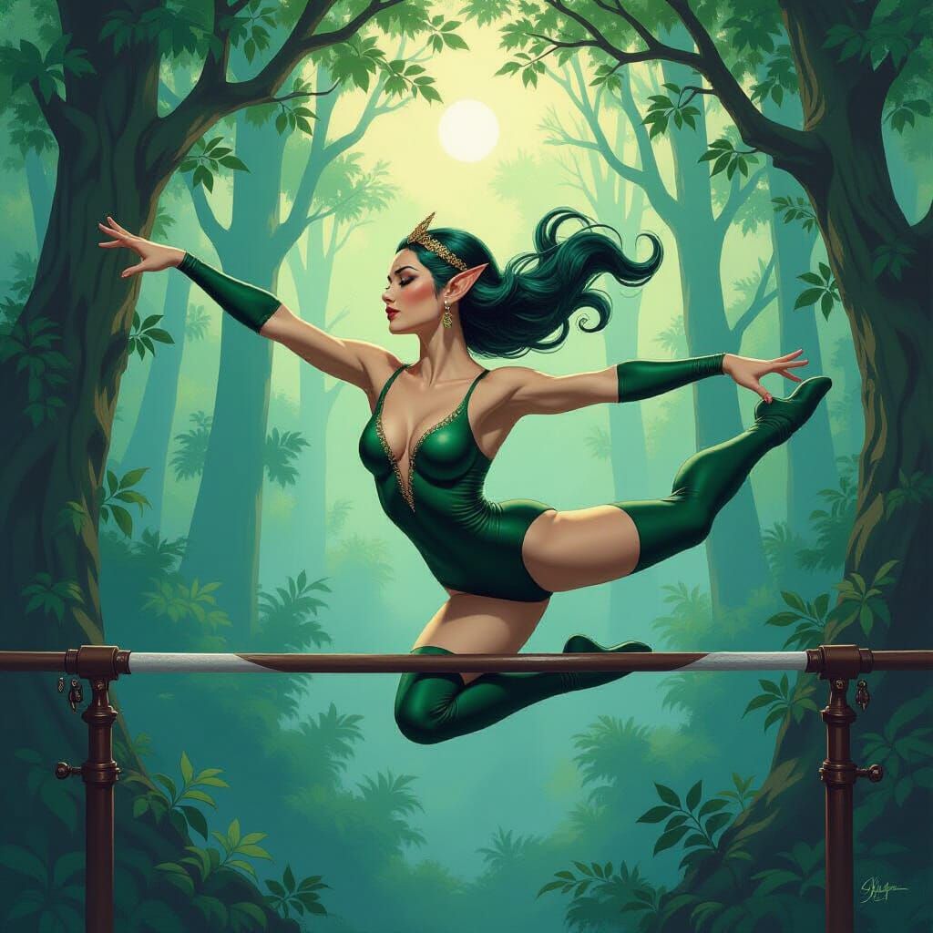 Elegant Elf Gymnast in Fantasy Oil Painting Style