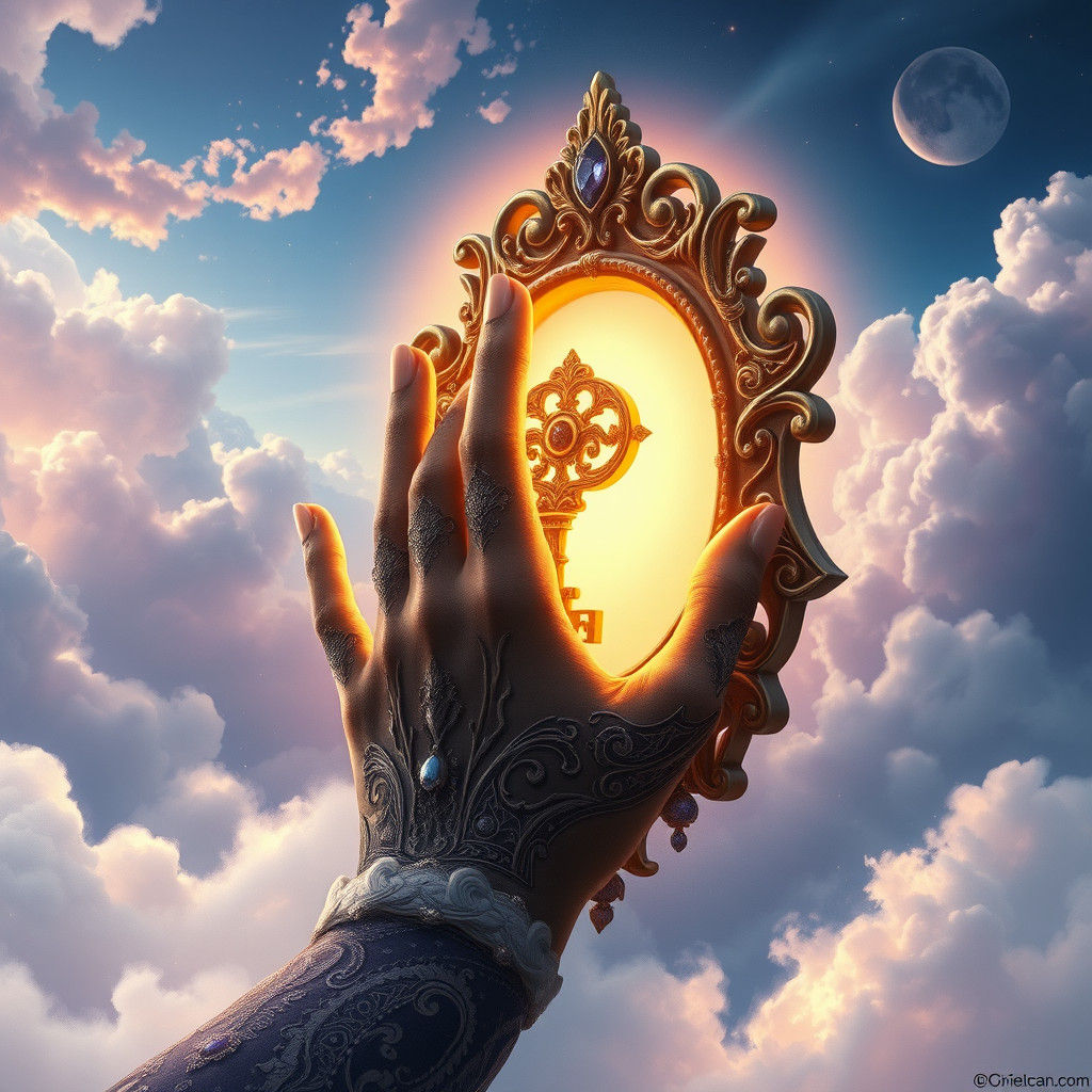 Mystical Hand Places Golden Key in Dreamlike Realm