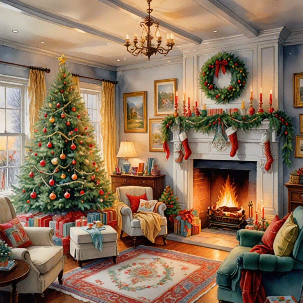 Cozy Christmas Room with Fireplace in Watercolor Style