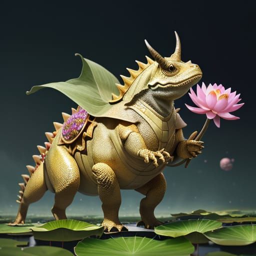 Heroic Fantasy Lizard with Blooming Lotus