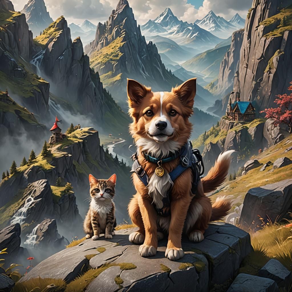 Cute Dog and Cat Mountain Journey in Fantasy Art
