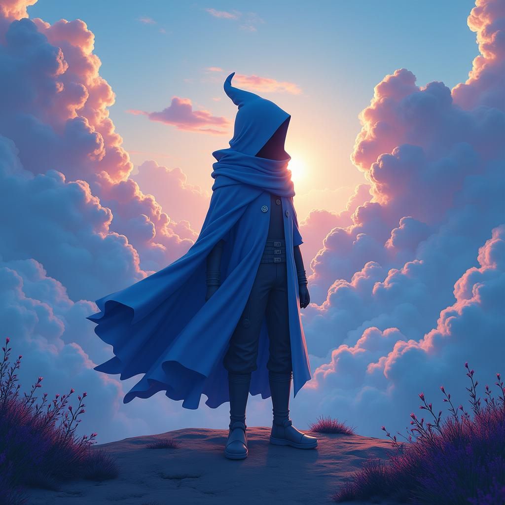 Heroic Blue Figure in Ethereal Landscape