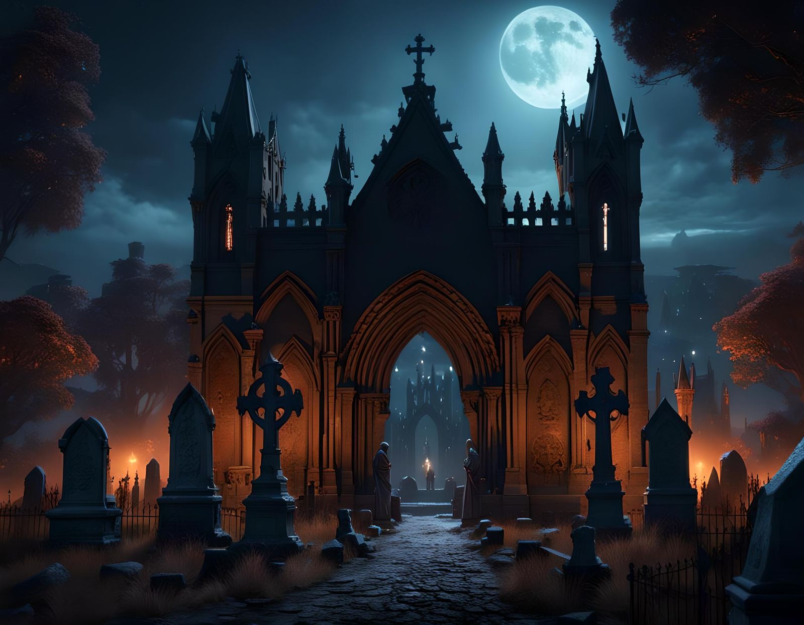 Gothic Cemetery Guarded by Black Wolf