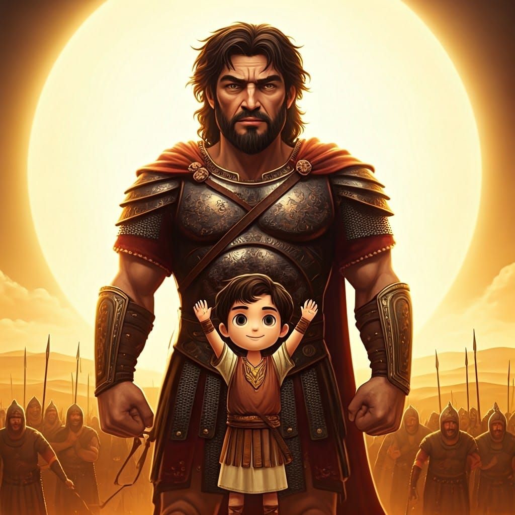 Chibi David and Goliath in a Pixar-Inspired Landscape