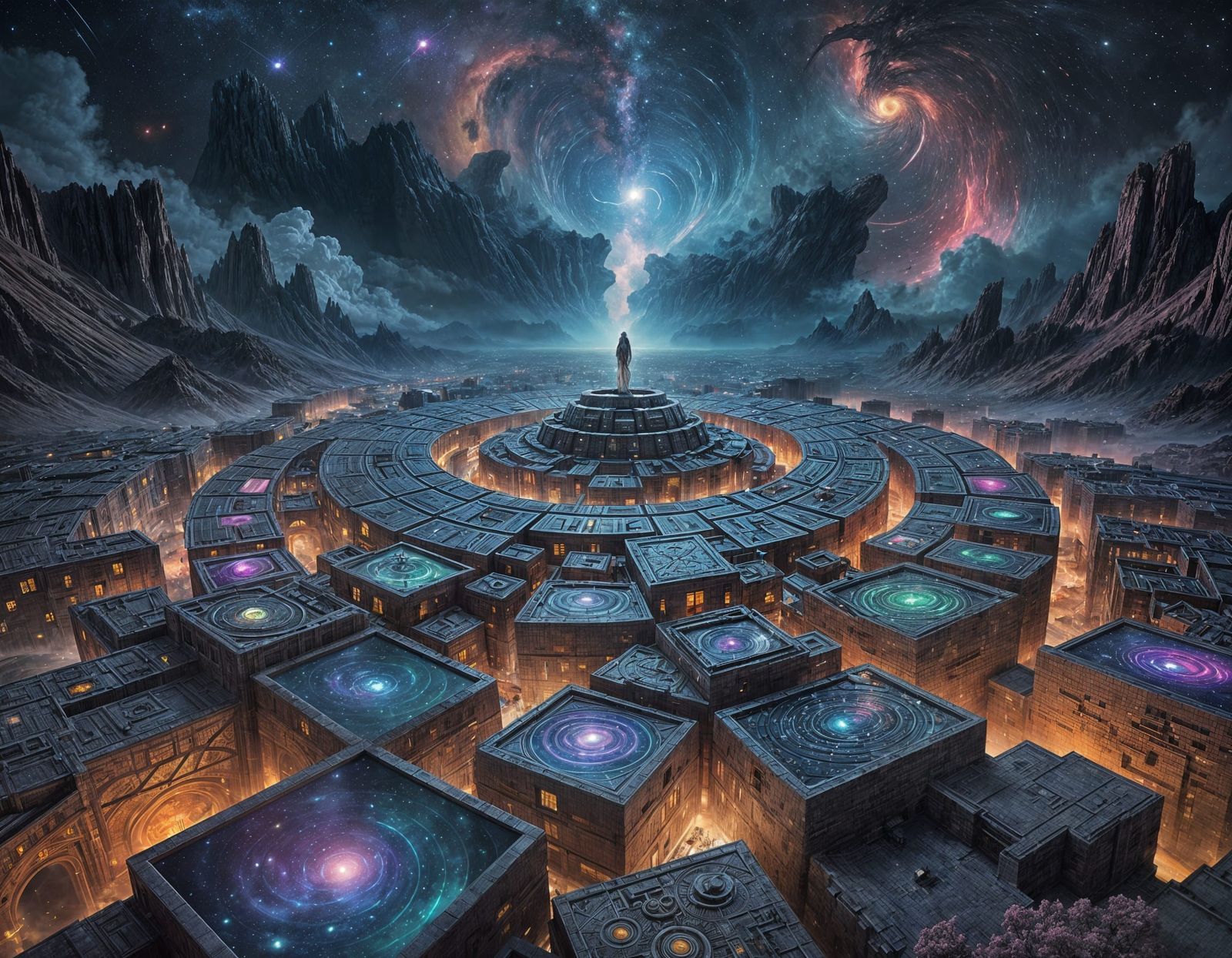 Chrome Labyrinth Drifting Through Cosmos, Retro-Futuristic A...