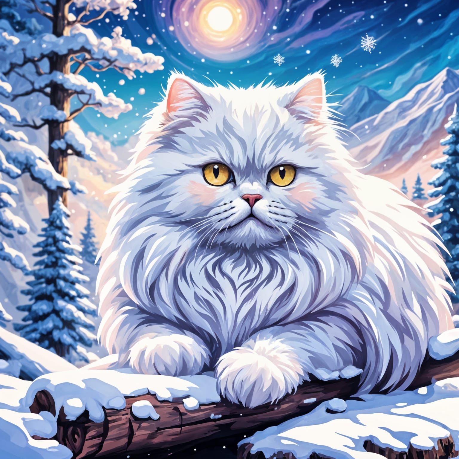 Cute White Persian Cat in Snowy Mountain Landscape