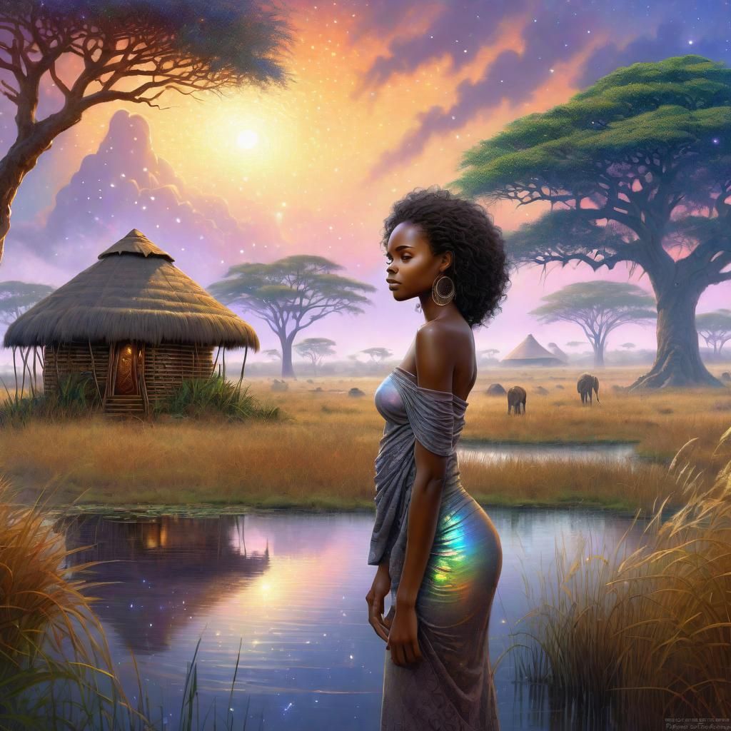African Woman on Savanna: Cosmic Astral Illustration