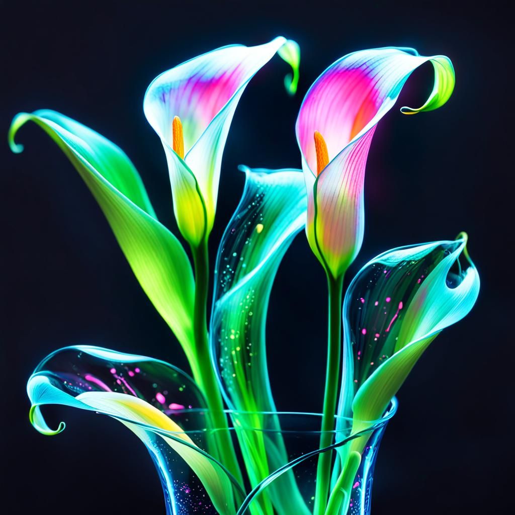 Bioluminescent Calla Lily in Glass, Surreal Macro Photo