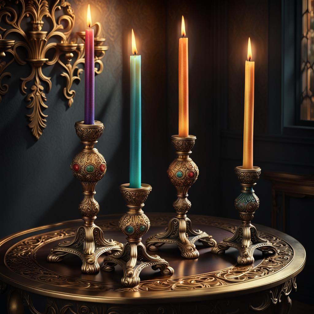 Ornate Candle Sticks in Dimly Lit Room