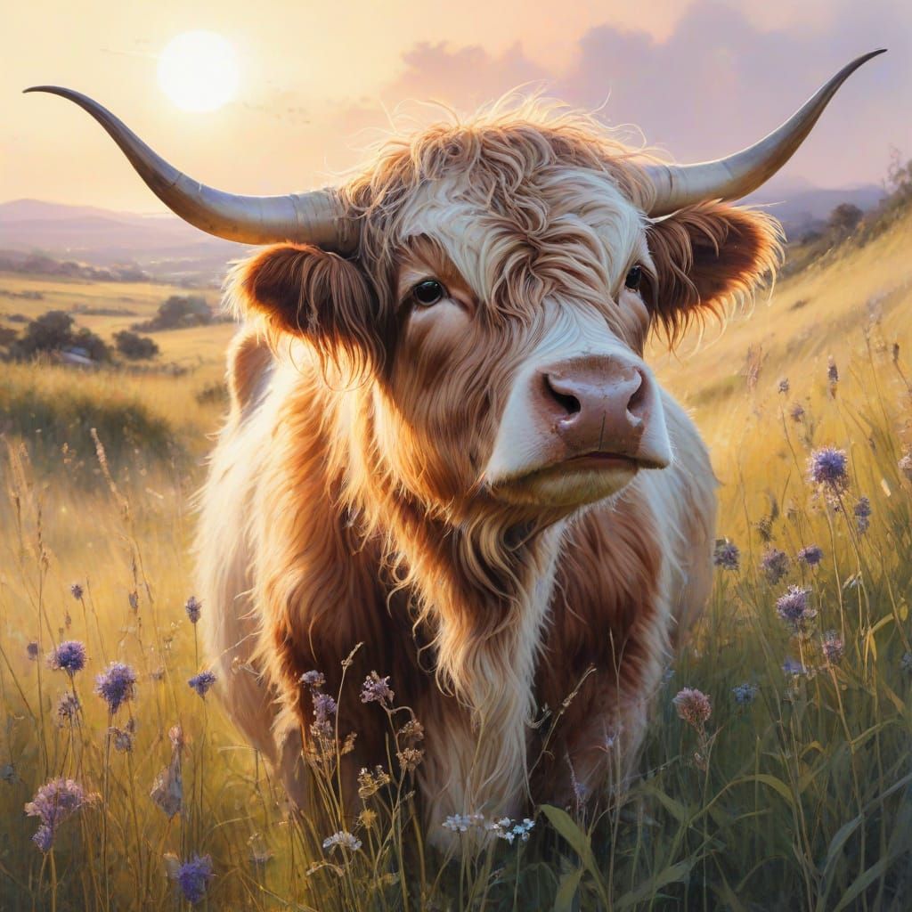 Peaceful Rural Scene with Contented Cow in Sunlit Field