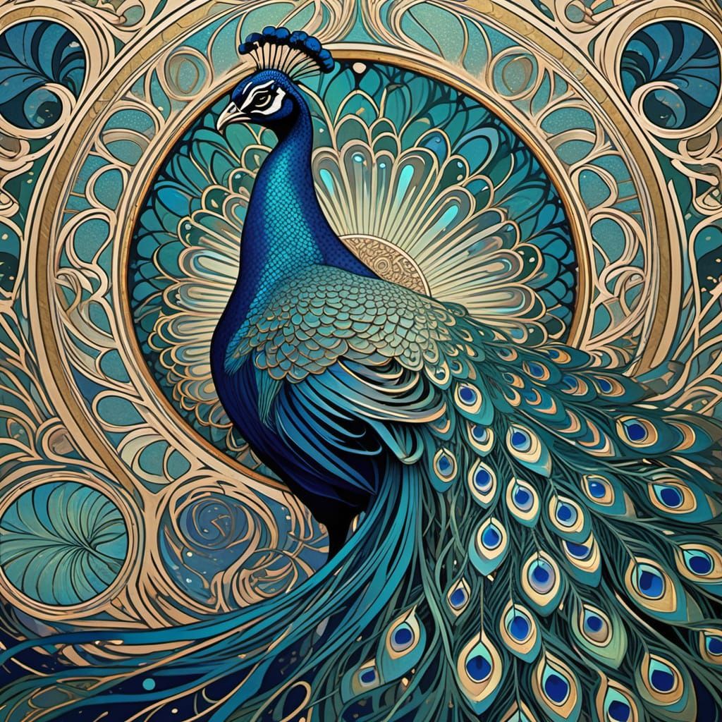 Art Nouveau Peacock Illustration with Shimmering Feathers