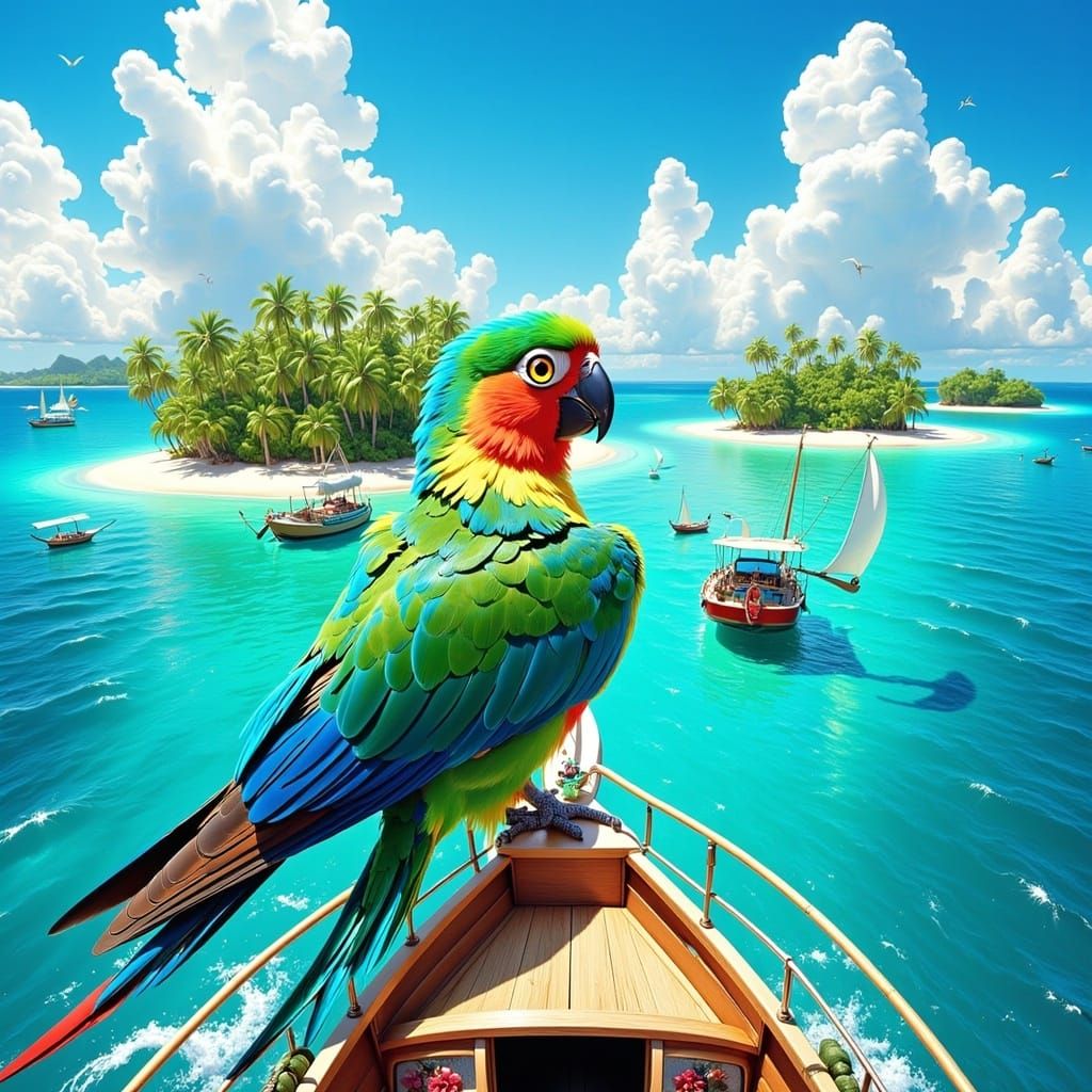 Parrot Captains Sailboat in Tropical Island Paradise