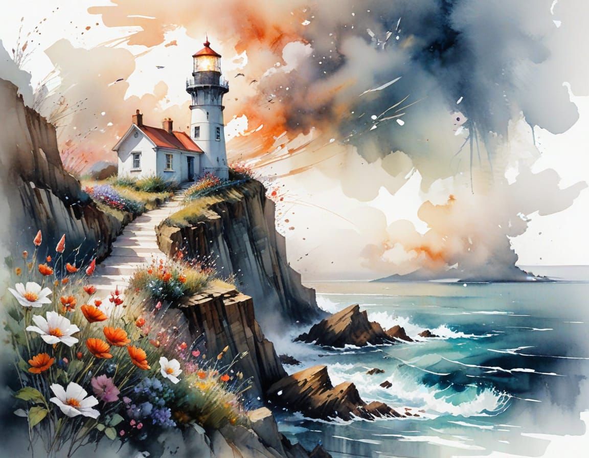 Watercolor Lighthouse on Ocean Cliff with Flowers