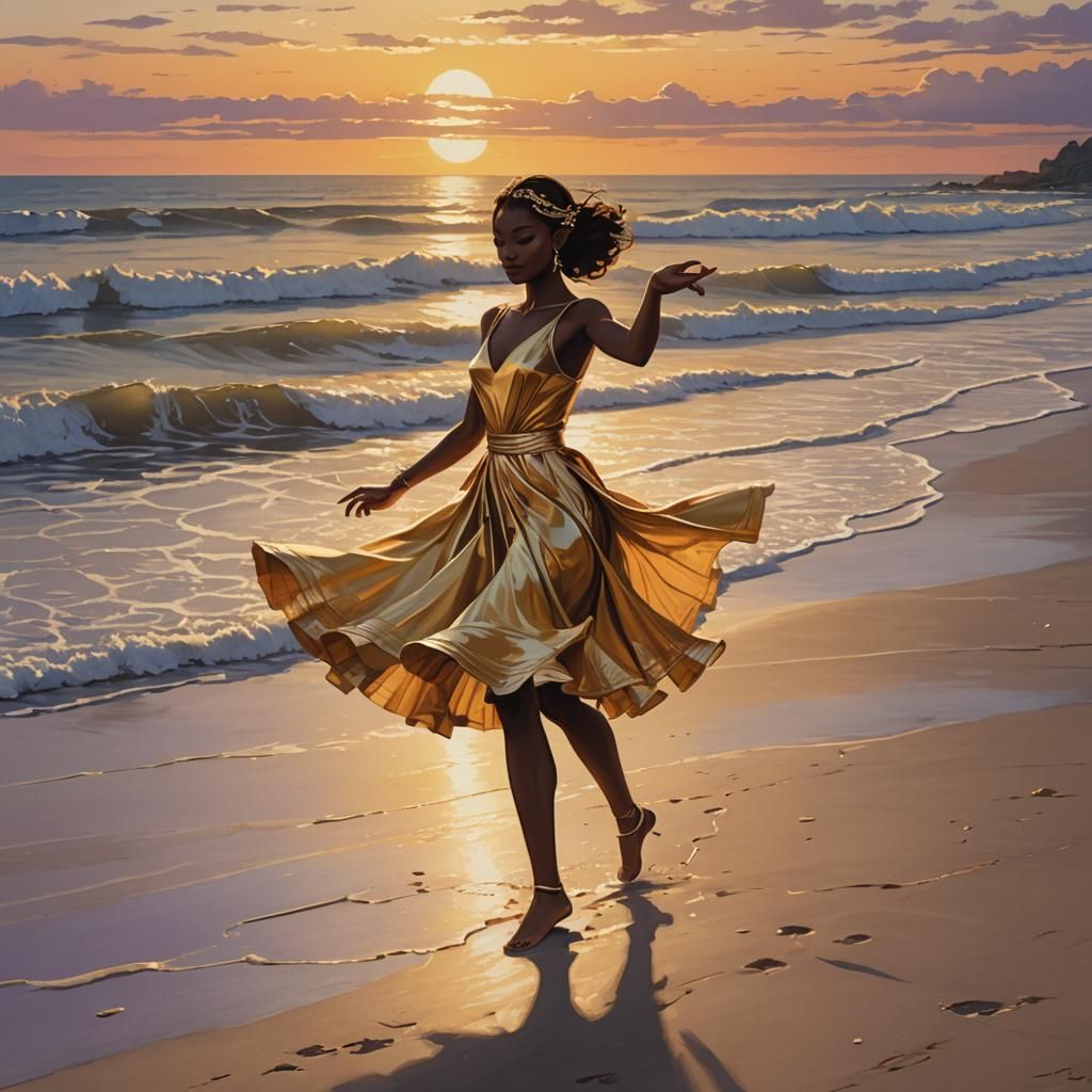 Dancer Twirling on Beach at Sunset in Realistic Style