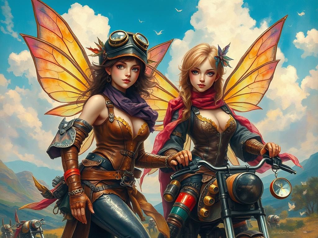 Biker Fairies in Gouache Style with Dreamlike Atmosphere
