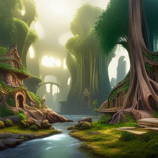 Enchanted Elf City in Giant Trees, Detailed Painting