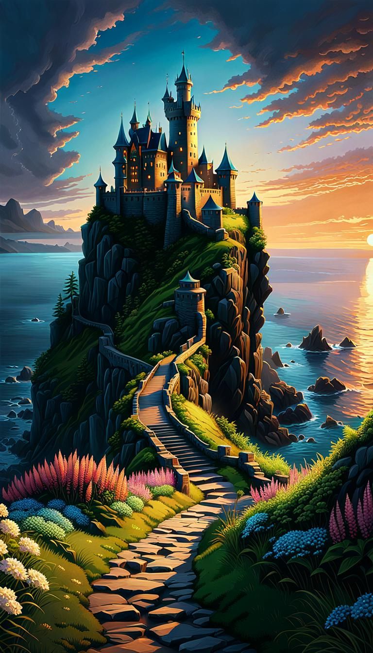 Dangerous Path to Fantasy Castle at Sunset