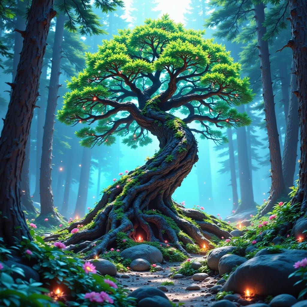 Mystical Juniper Tree in Dreamy Forest