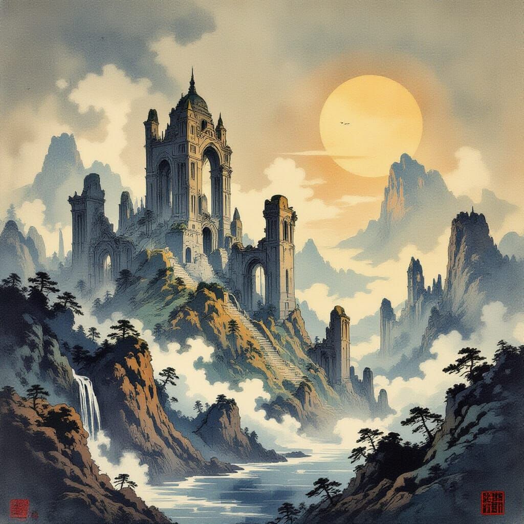 Gothic Alien Ruins as Woodblock Print