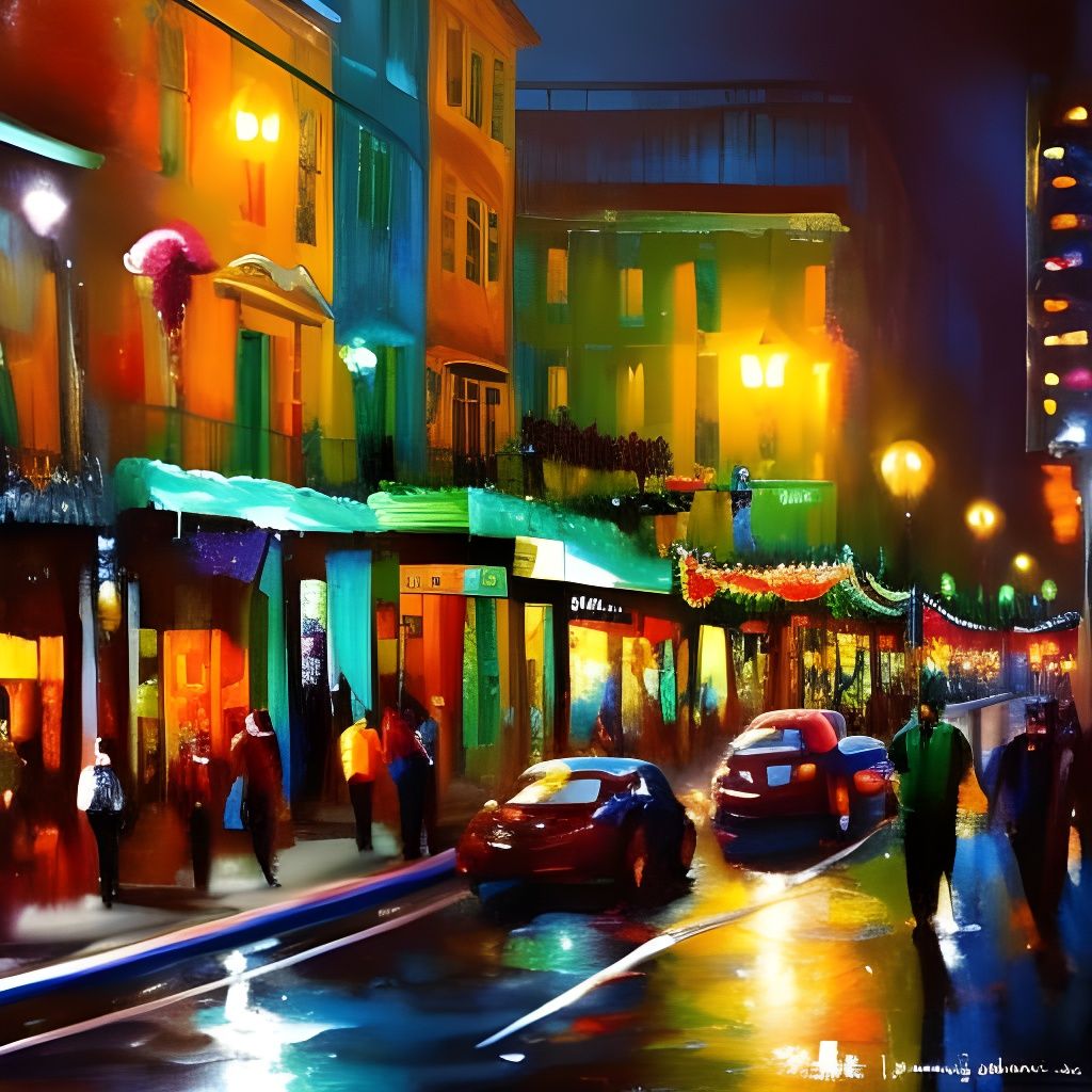 Mardi Gras Street Scene in Mixed Media Style