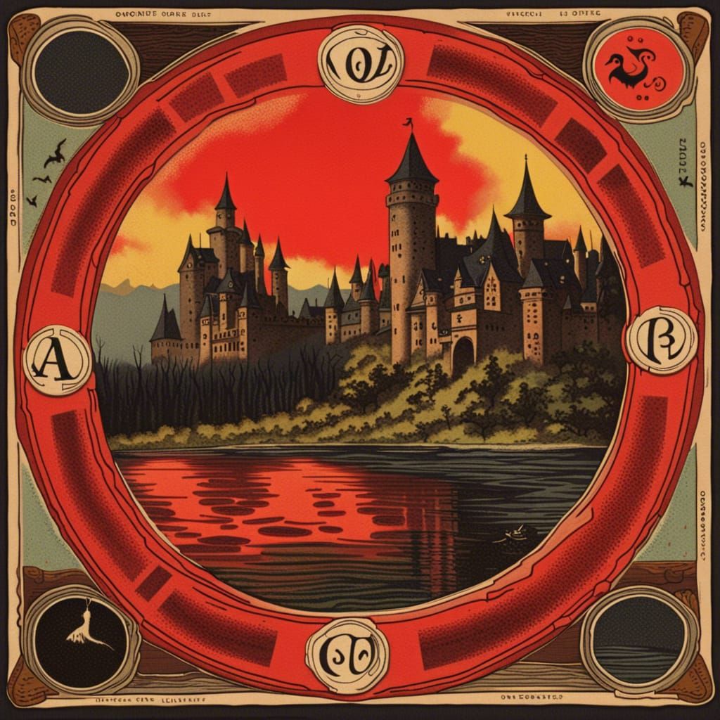 Vintage Board Game with Spooky Castle on Red Lake