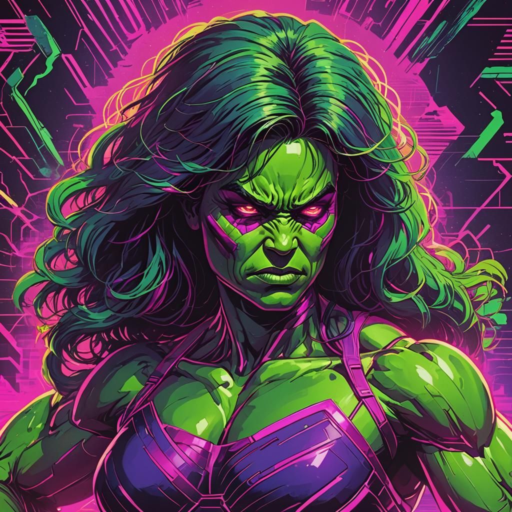 Furious She-Hulk in Synthwave Neon Retro Style