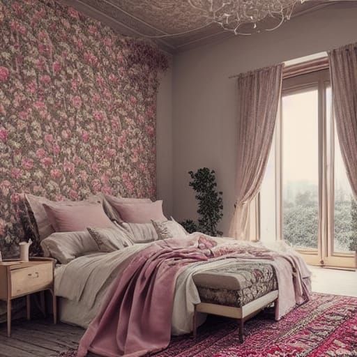 Boho Bedroom with Dried Flowers: Maximalist Digital Art