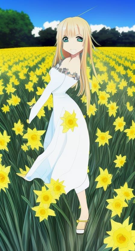 Anime Girl in Daffodils Field with Flowing Dress