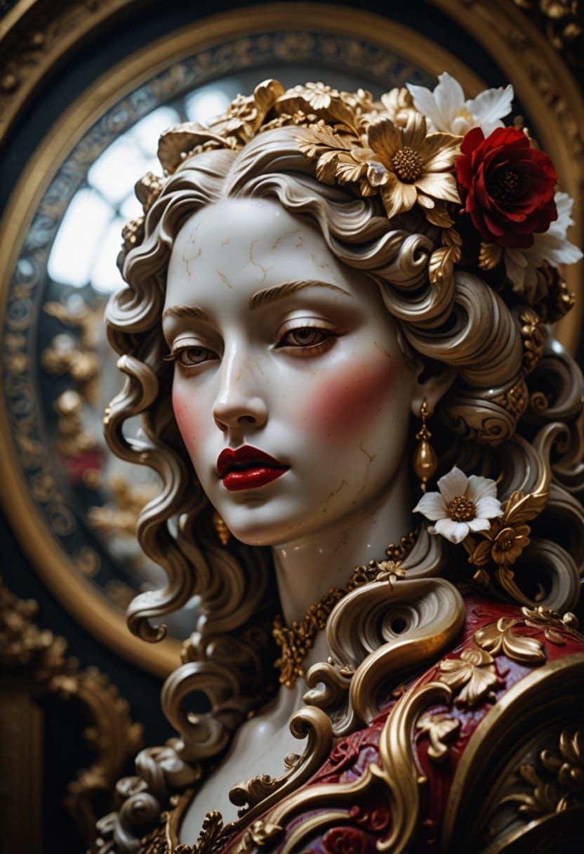 Elegant Baroque Marble Statue with Intricate Gold Details