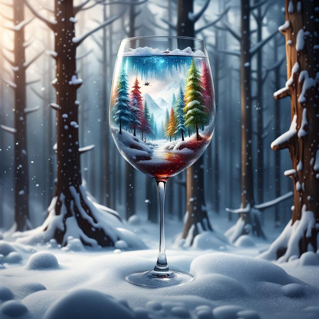 Winter Forest Snowstorm in Wine Glass, Hyperrealistic Art