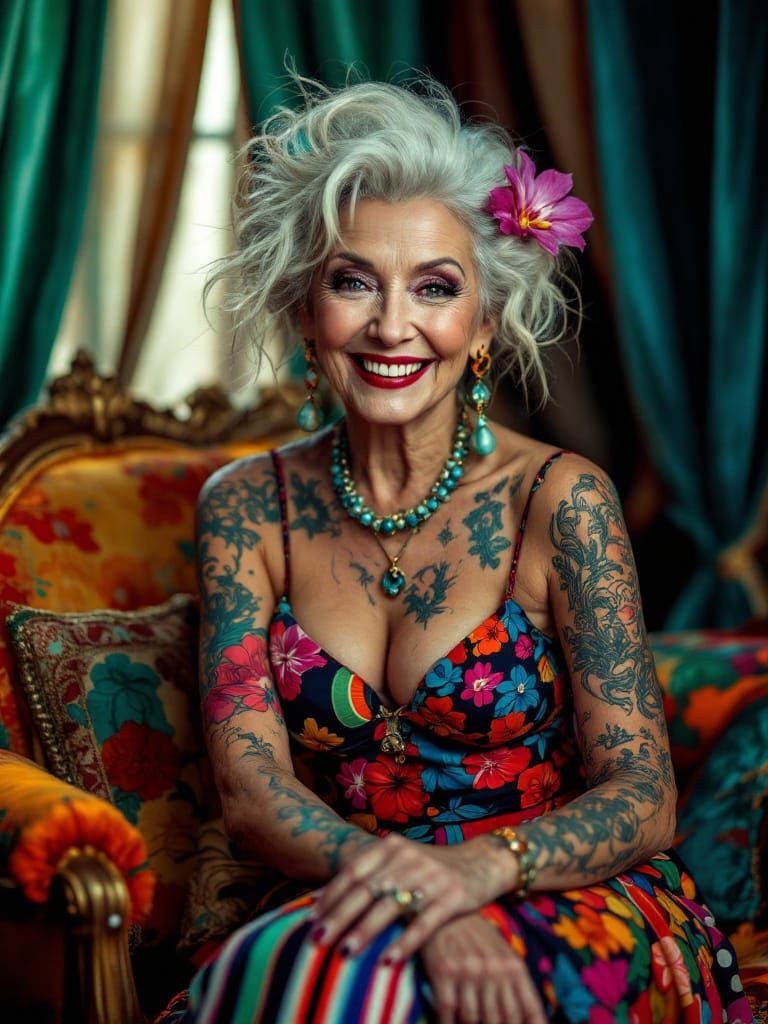 Sassy Tattooed Grandmother in Opulent, Editorial Portrait