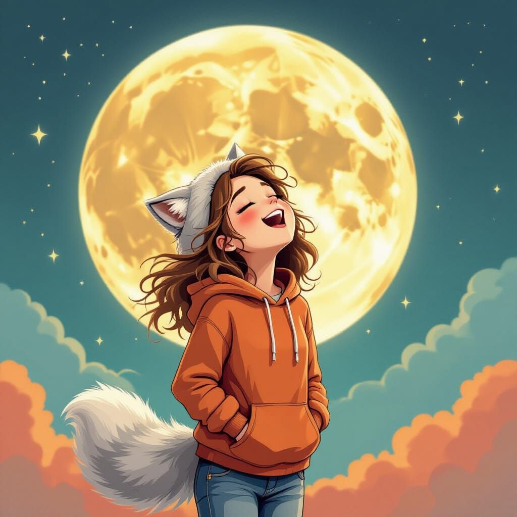 Teenage Werewolf Girl Howling at Moon in Cartoon Style